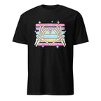 A black short-sleeve crewneck t-shirt featuring a graphic of skeletal hands forming a heart shape over pastel rainbow and Progress Pride flag stripes with star accents.