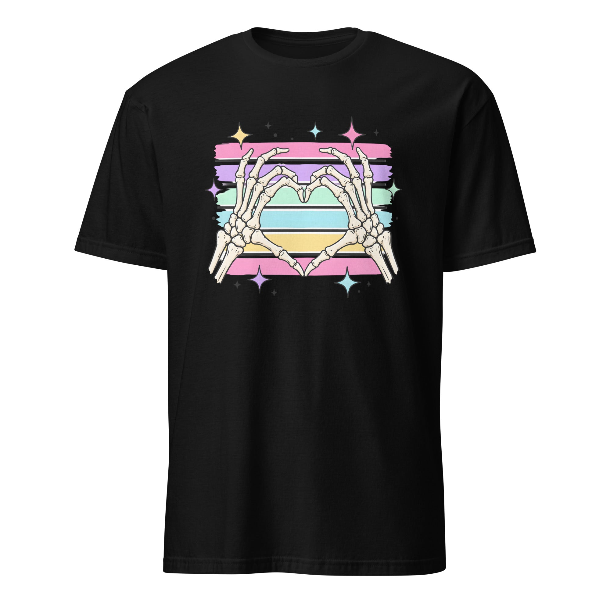 A black short-sleeve crewneck t-shirt featuring a graphic of skeletal hands forming a heart shape over pastel rainbow and Progress Pride flag stripes with star accents.