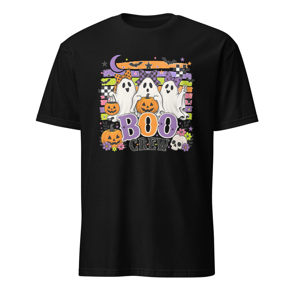 A black short-sleeve crewneck t-shirt featuring a colorful Halloween graphic on the chest with cartoon ghosts, pumpkins, a witch's hat, and the text 'BOO GREEN'.
