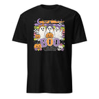 A black short-sleeve crewneck t-shirt featuring a colorful Halloween graphic on the chest with cartoon ghosts, pumpkins, a witch's hat, and the text 'BOO GREEN'.