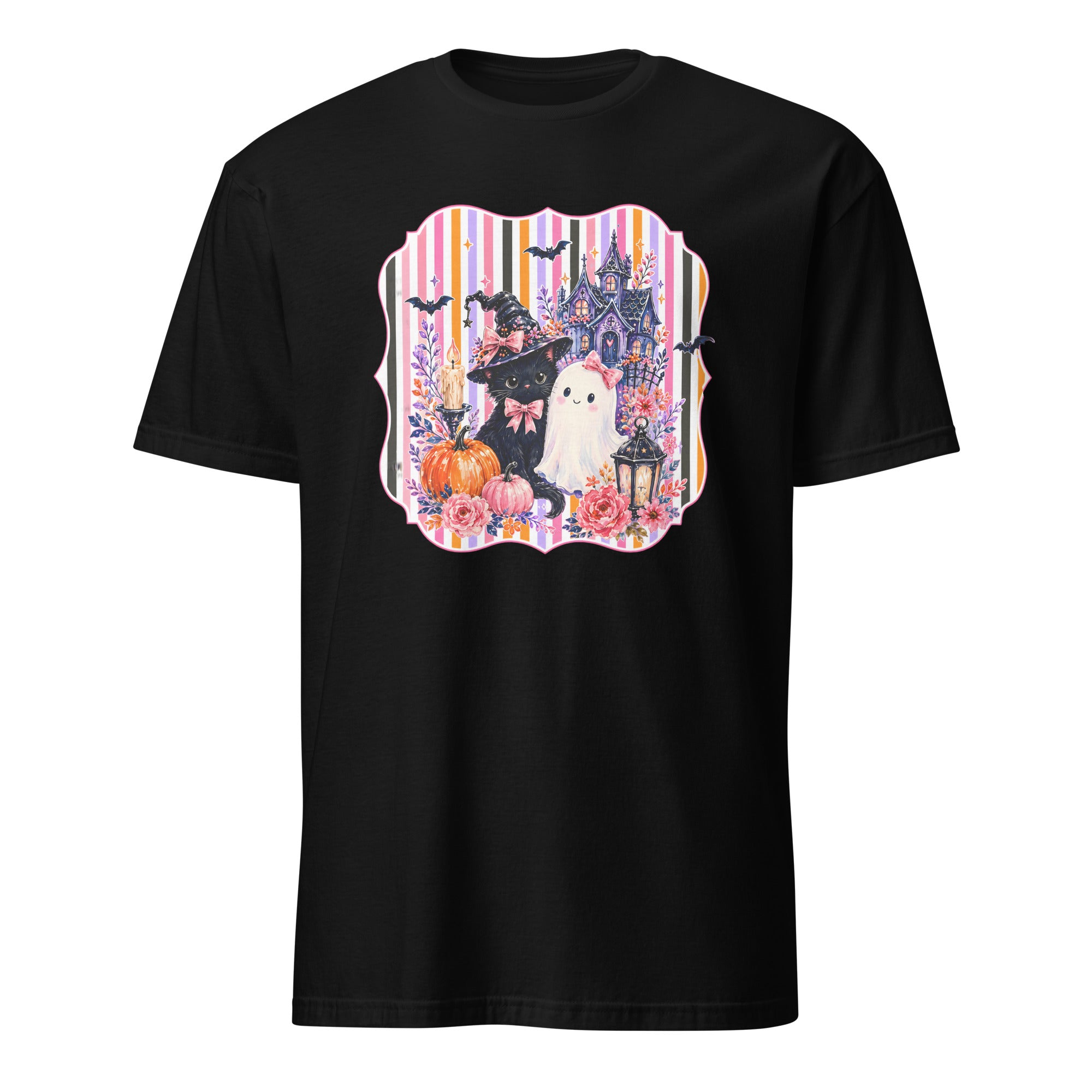 A black short-sleeve crewneck t-shirt featuring a colorful Halloween-themed graphic print on the front. The graphic depicts a witch in a black hat and dress standing next to a white ghost, with pumpkins, a haunted castle, bats, and a striped background.