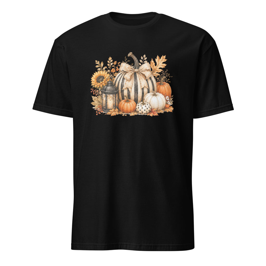 A black short-sleeve crewneck t-shirt featuring a detailed autumn graphic on the chest with pumpkins, sunflowers, and leaves.