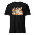 A black short-sleeve crewneck t-shirt featuring a detailed autumn graphic on the chest with pumpkins, sunflowers, and leaves.