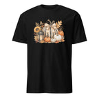 A black short-sleeve crewneck t-shirt featuring a detailed autumn graphic on the chest with pumpkins, sunflowers, and leaves.