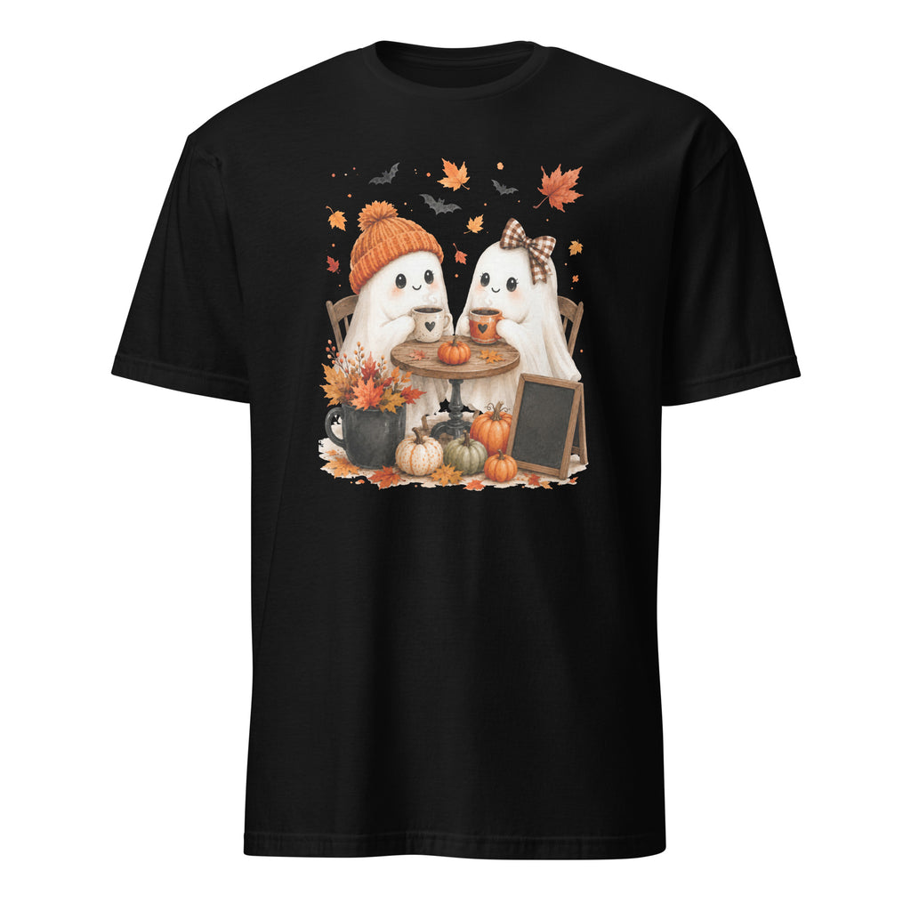 A black short-sleeve crewneck t-shirt featuring a colorful graphic print of two cute cartoon ghosts sitting at a small autumn-themed table with pumpkins, leaves, and bats.