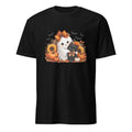 A black short-sleeve crewneck t-shirt featuring a Halloween graphic of a white ghost dog and a black cat surrounded by pumpkins, sunflowers, and autumn leaves.