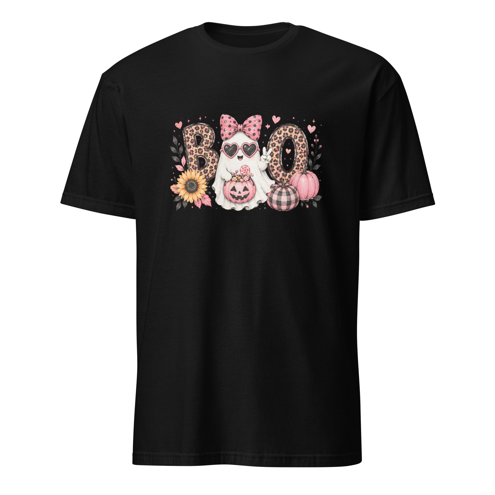 A black short-sleeve crewneck t-shirt featuring a Halloween graphic on the chest. The graphic displays the word 'BOO' styled with leopard-print numbers, a white cat wearing sunglasses and a pink bow, pumpkins, a sunflower, and hearts.
