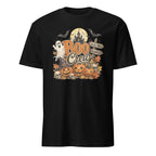 A black short-sleeve crewneck t-shirt featuring a vintage-style Halloween graphic on the chest with jack-o'-lanterns, a ghost, bats, a full moon, and the text 'Boo Crew' and 'Spooky Town'.