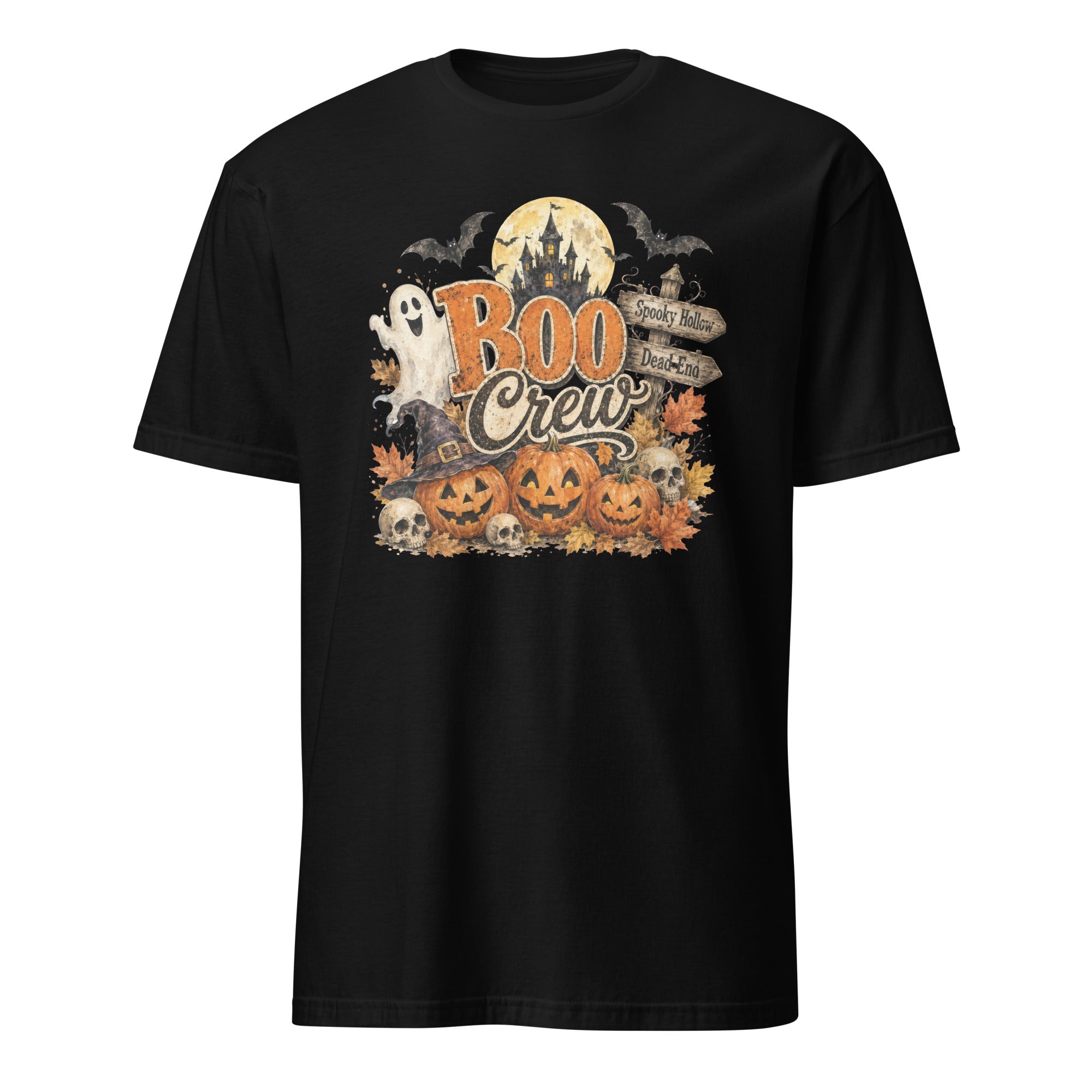 A black short-sleeve crewneck t-shirt featuring a vintage-style Halloween graphic on the chest with jack-o'-lanterns, a ghost, bats, a full moon, and the text 'Boo Crew' and 'Spooky Town'.