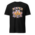 A black short-sleeve crewneck t-shirt featuring a colorful graphic on the front with the text 'PUMPKIN QUEEN' surrounding a jack-o'-lantern pumpkin decorated with a white bow and small flowers.
