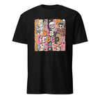 A black short-sleeve crewneck t-shirt featuring a colorful graphic print on the front with the words 'Stay Creepy' in pink and orange, surrounded by Halloween-themed illustrations including skulls, ghosts, and candy corn.