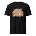 A black short-sleeve crewneck t-shirt featuring a colorful autumn graphic on the chest with pumpkins, fall leaves, and sunflowers.