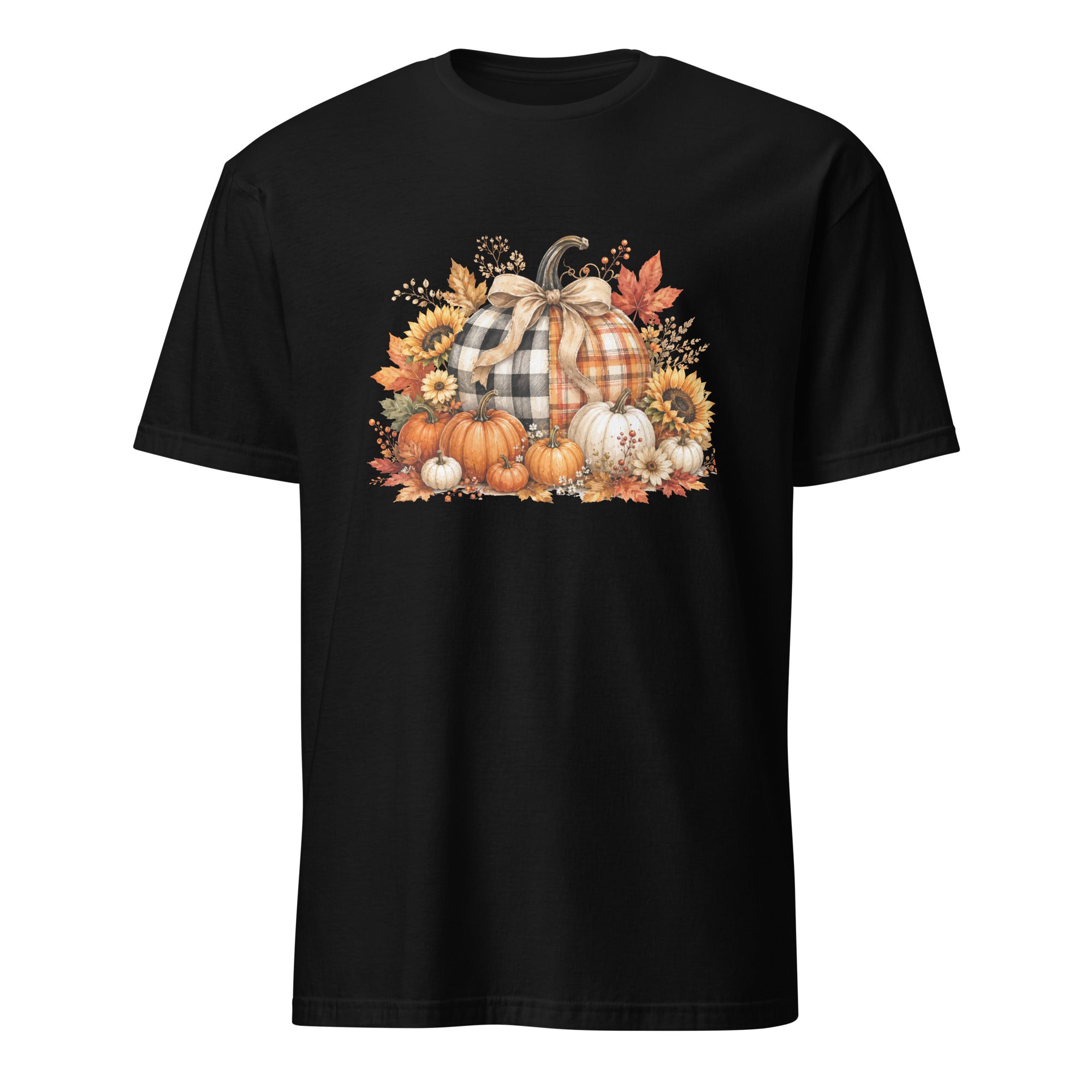 A black short-sleeve crewneck t-shirt featuring a colorful autumn graphic on the chest with pumpkins, fall leaves, and sunflowers.