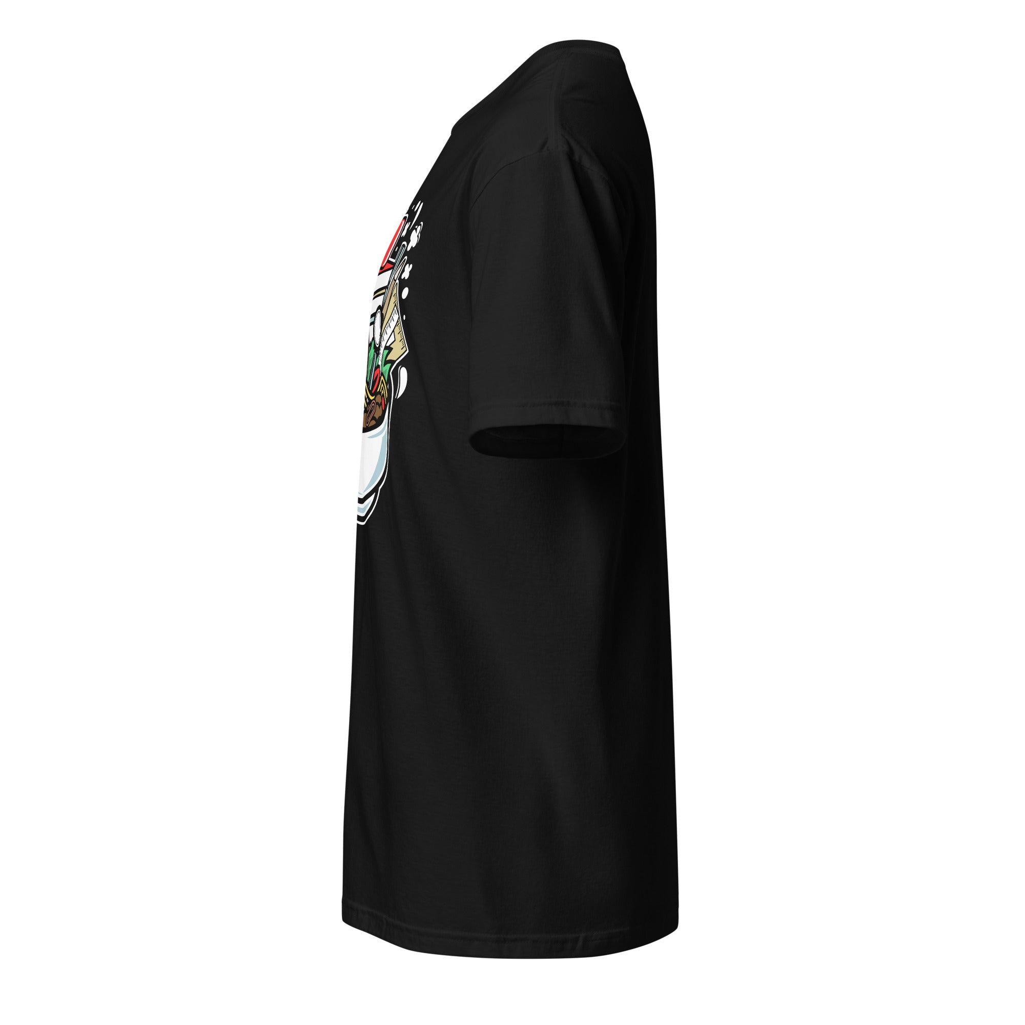 Plain Black t-shirt left side on a white background