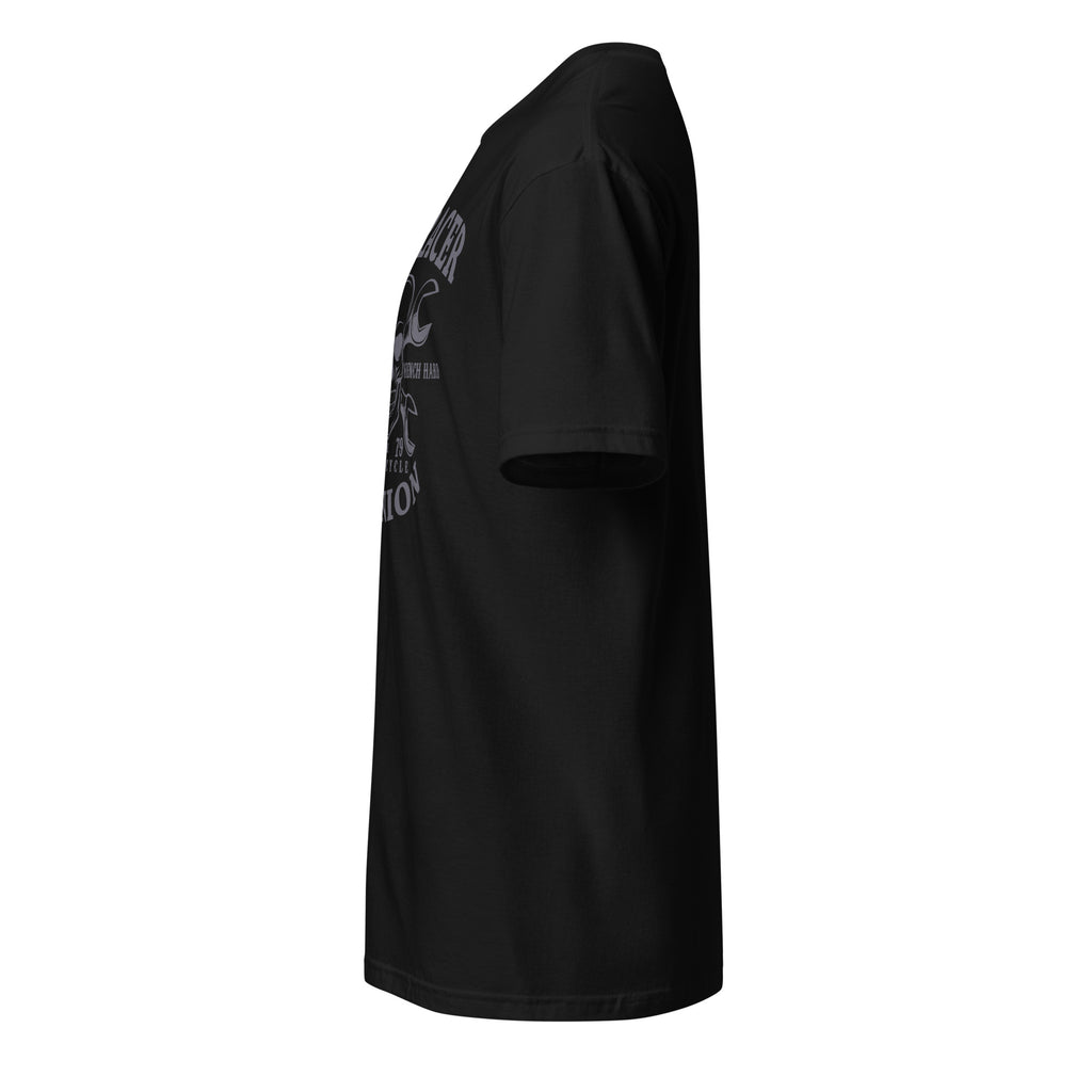 Left view of a plain Black t-shirt on a white background