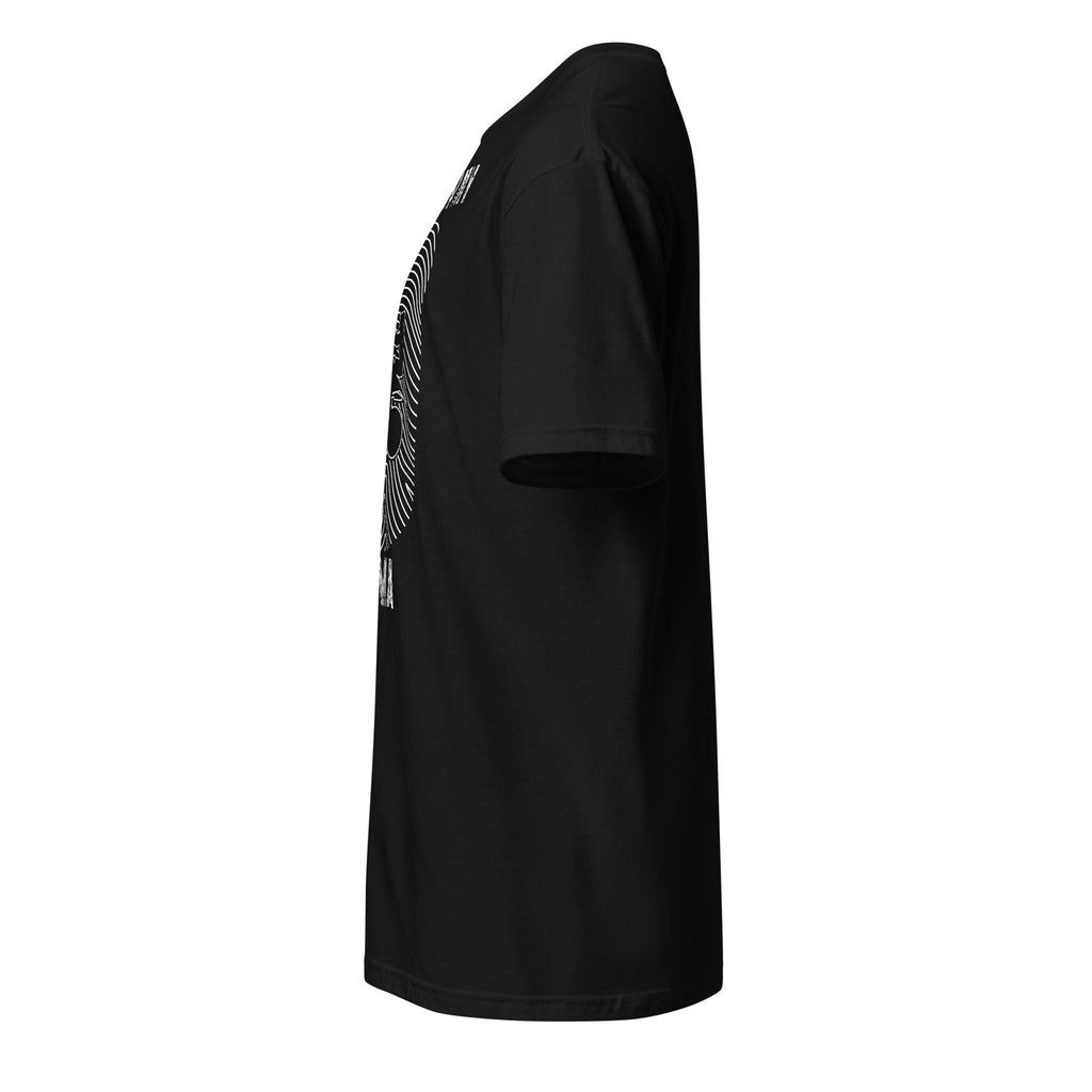 left view of a plain Black t-shirt on a white background