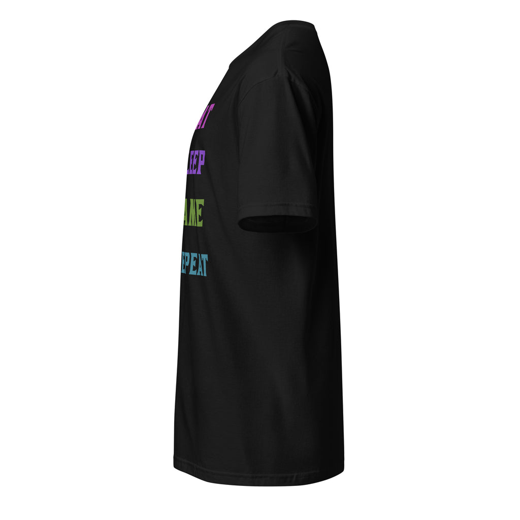 left view of a black t-shirt on a white background