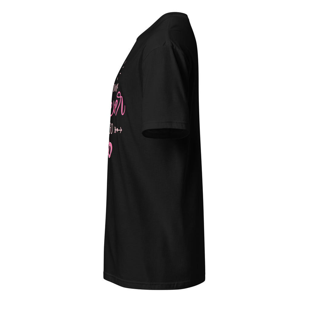 Black t-shirt left side with pink I Year Down Forevery To Go text and interlocking heart graphics on the front on a white background