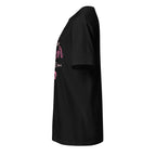 Black t-shirt left side with pink I Year Down Forevery To Go text and interlocking heart graphics on the front on a white background