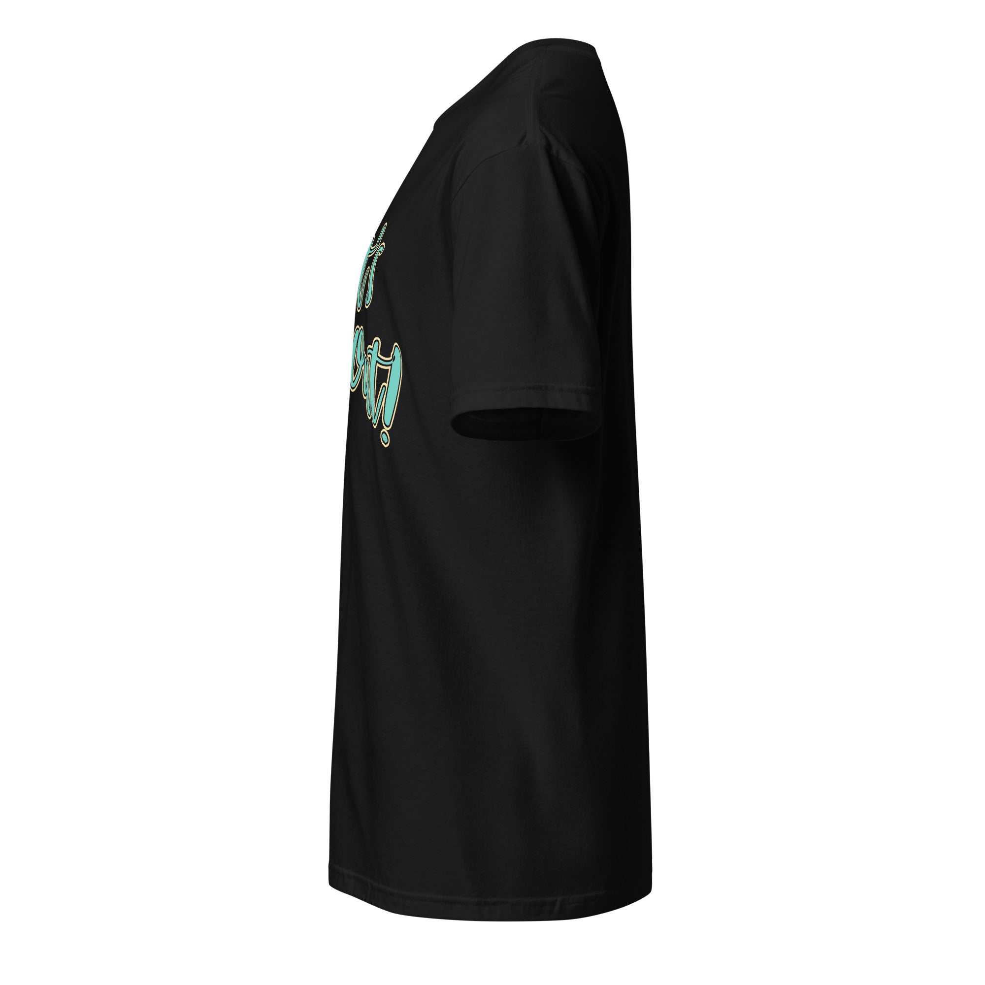 Left view of a black t-shirt against a white background