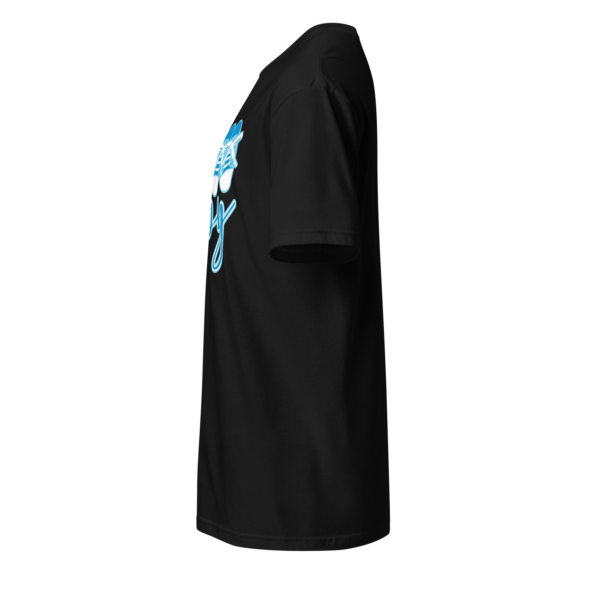 Left view of a black t-shirt against a white background