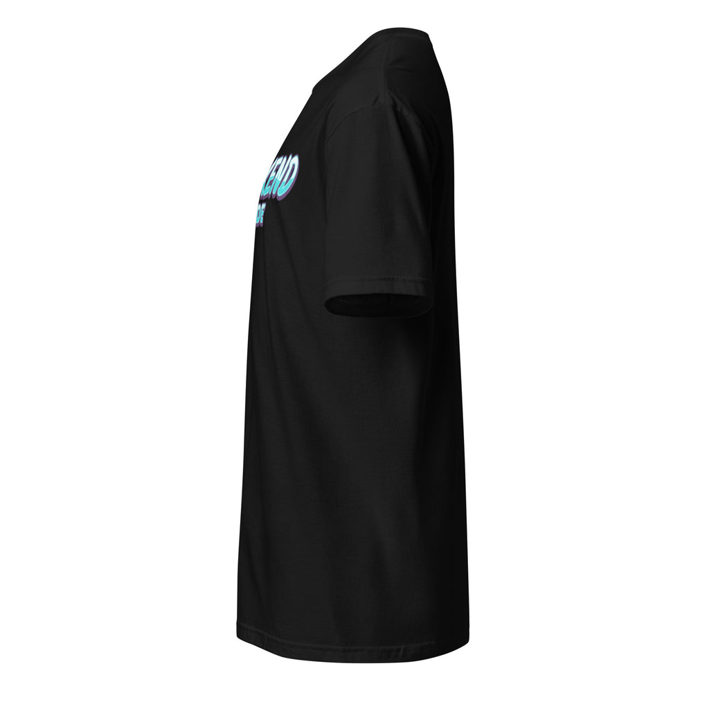 Left view of a black t-shirt against a white background