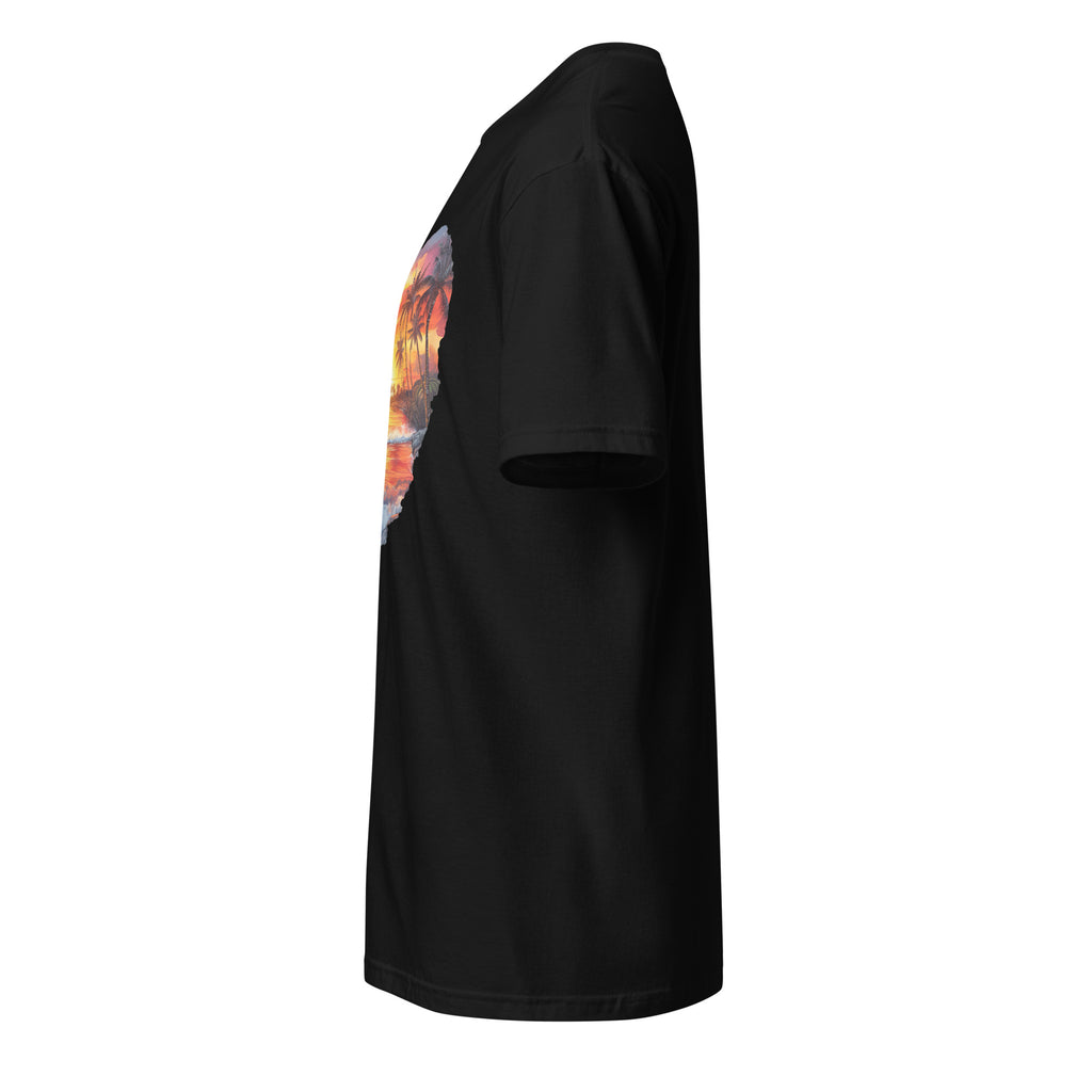 Left view of a black t-shirt against a white background