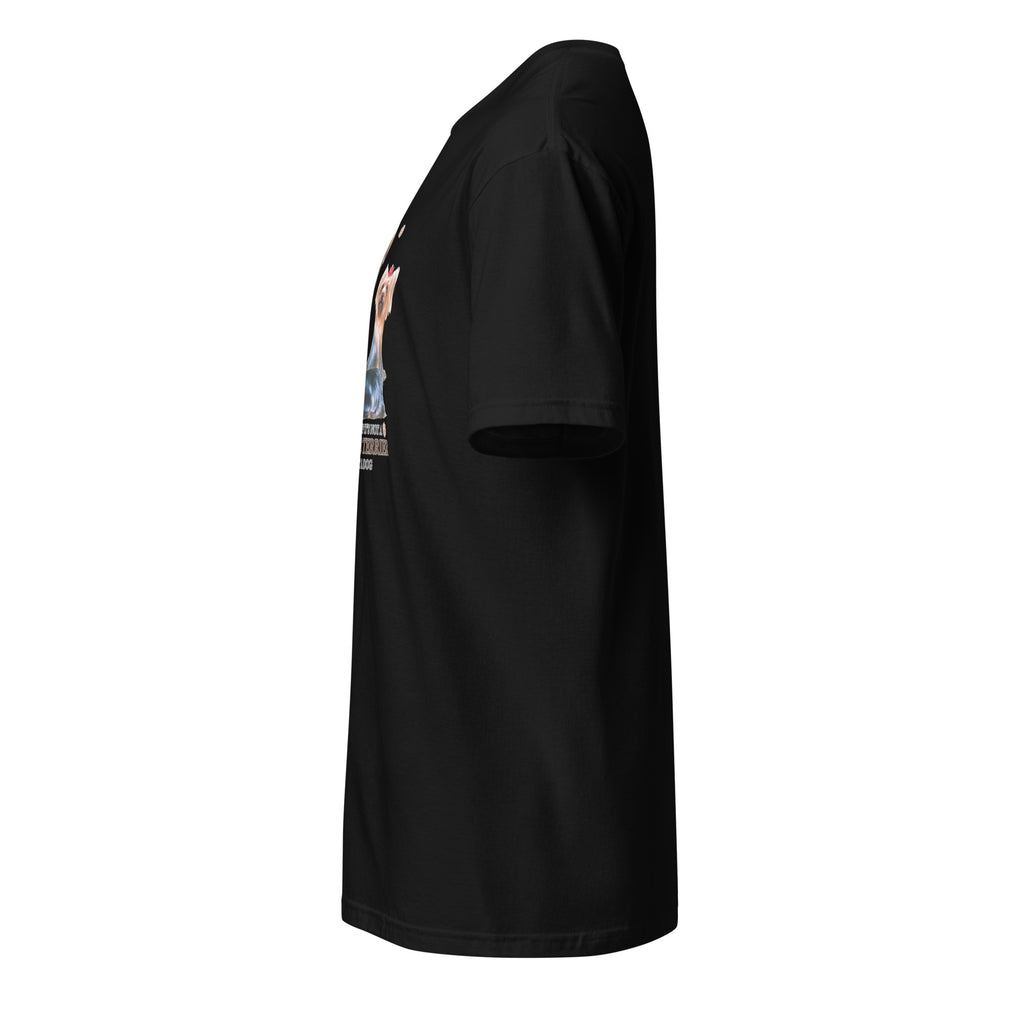 Black t-shirt left side against a white background