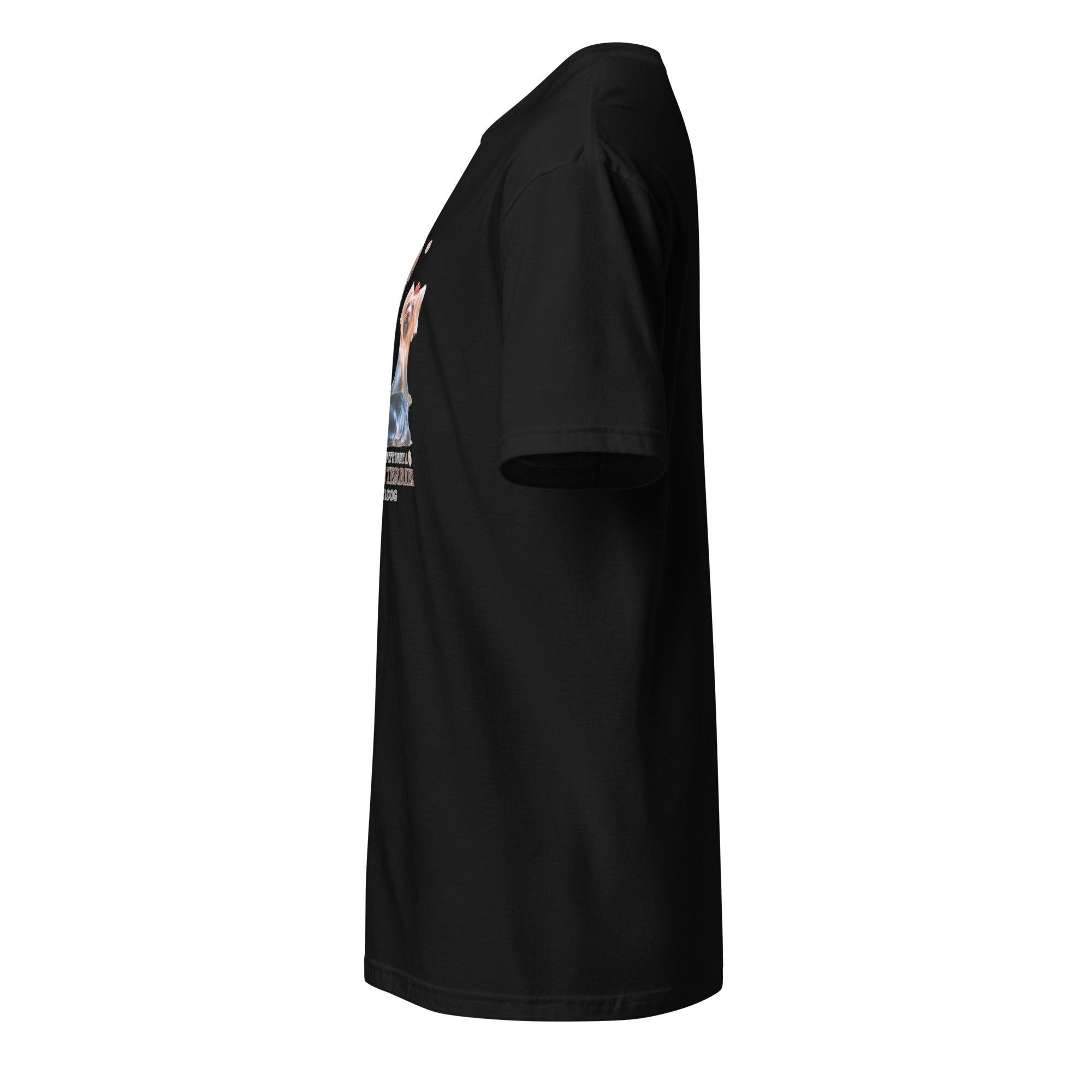 Black t-shirt left side against a white background