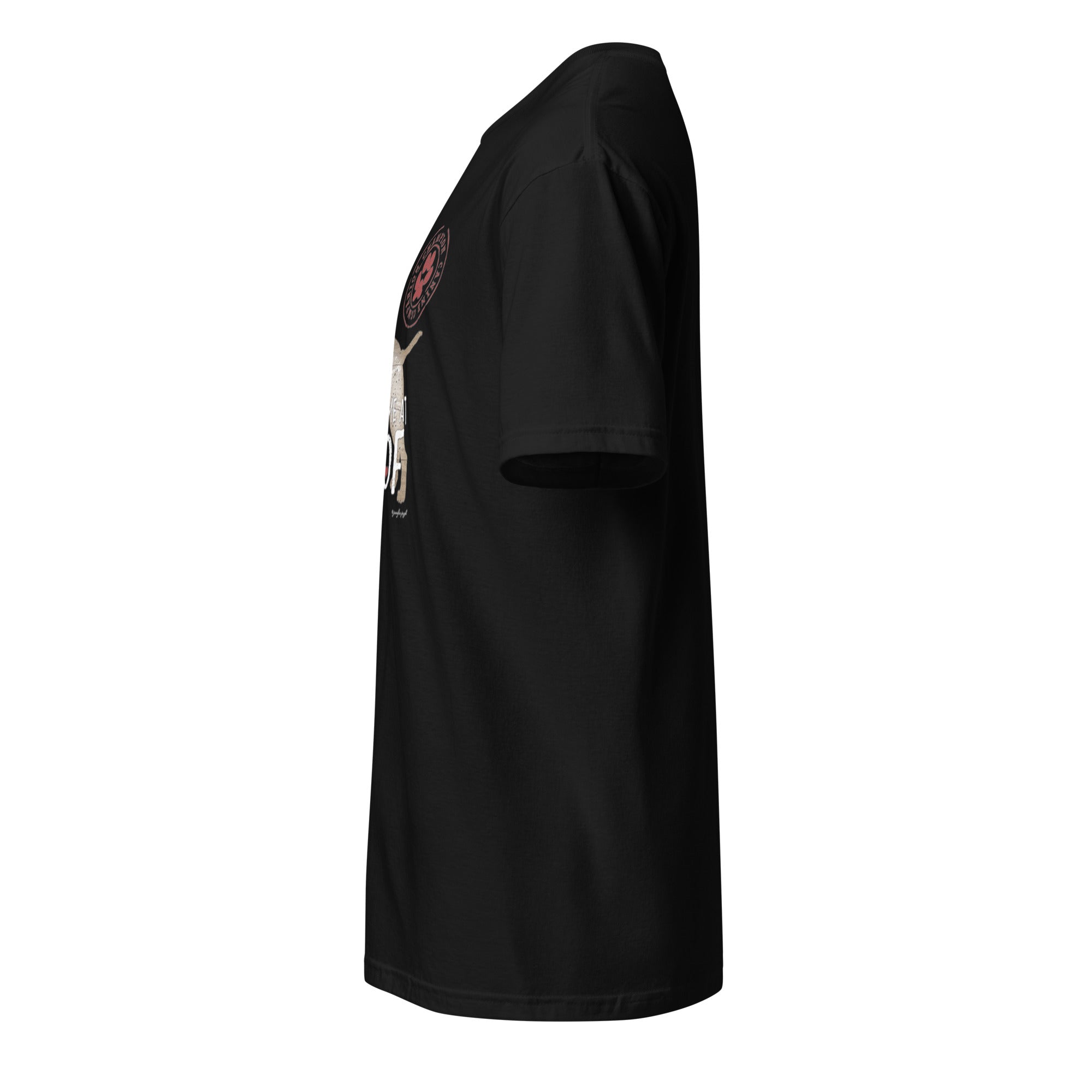 Plain Black t-shirt left side against a white background