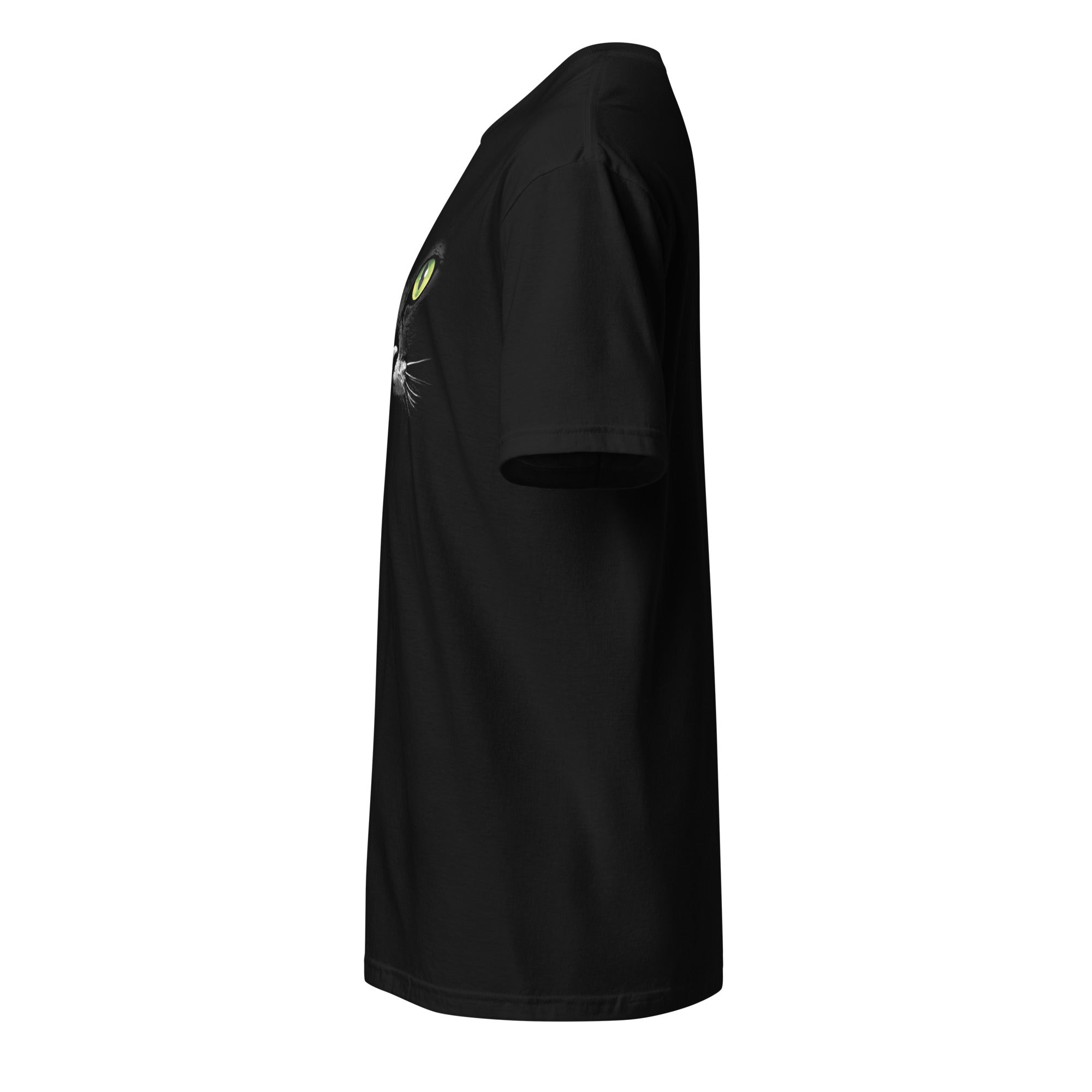 Plain Black t-shirt left side against a white background