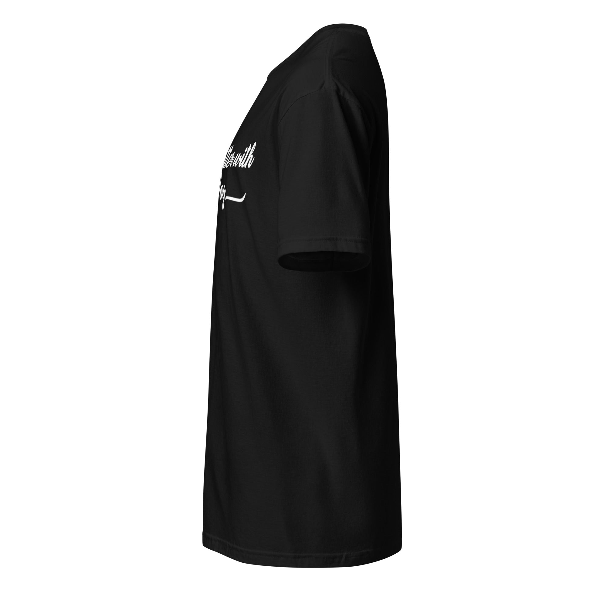 Black t-shirt with white text on a white background