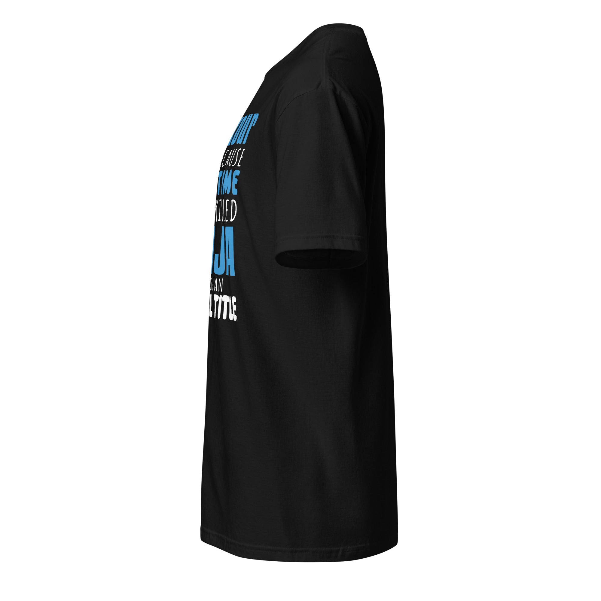 Left view of a plain black t-shirt on a white background