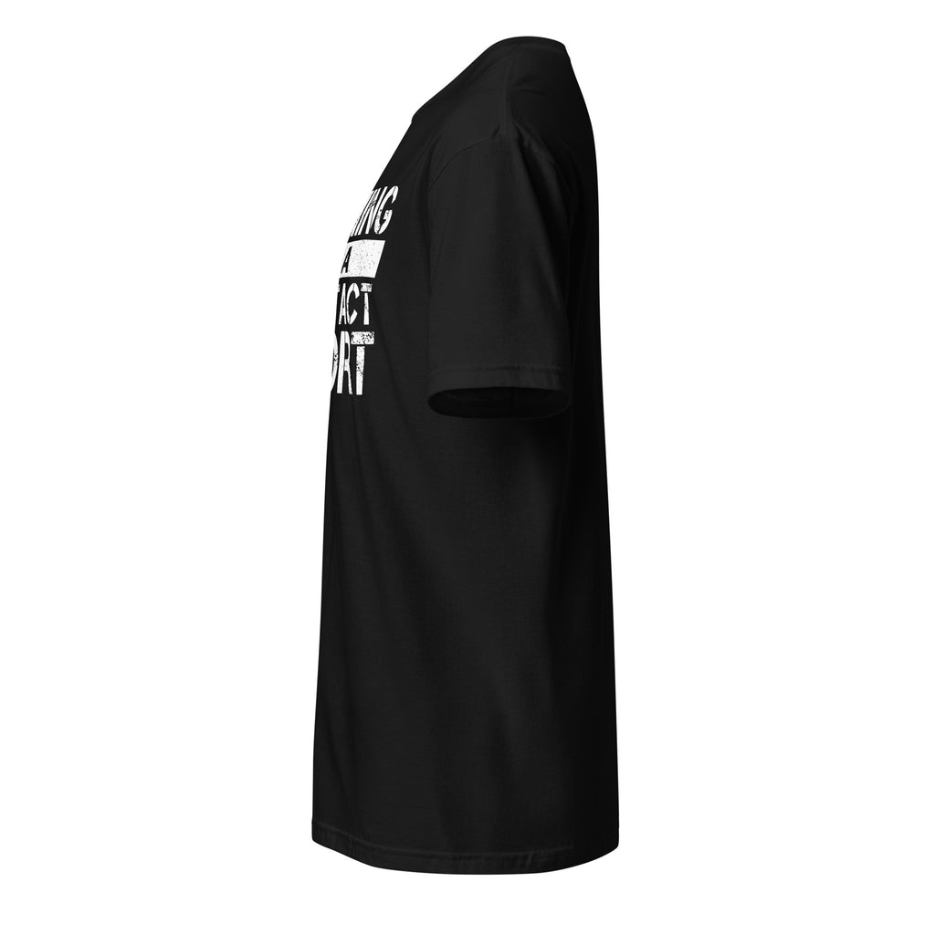 Black t-shirt left side against a white background