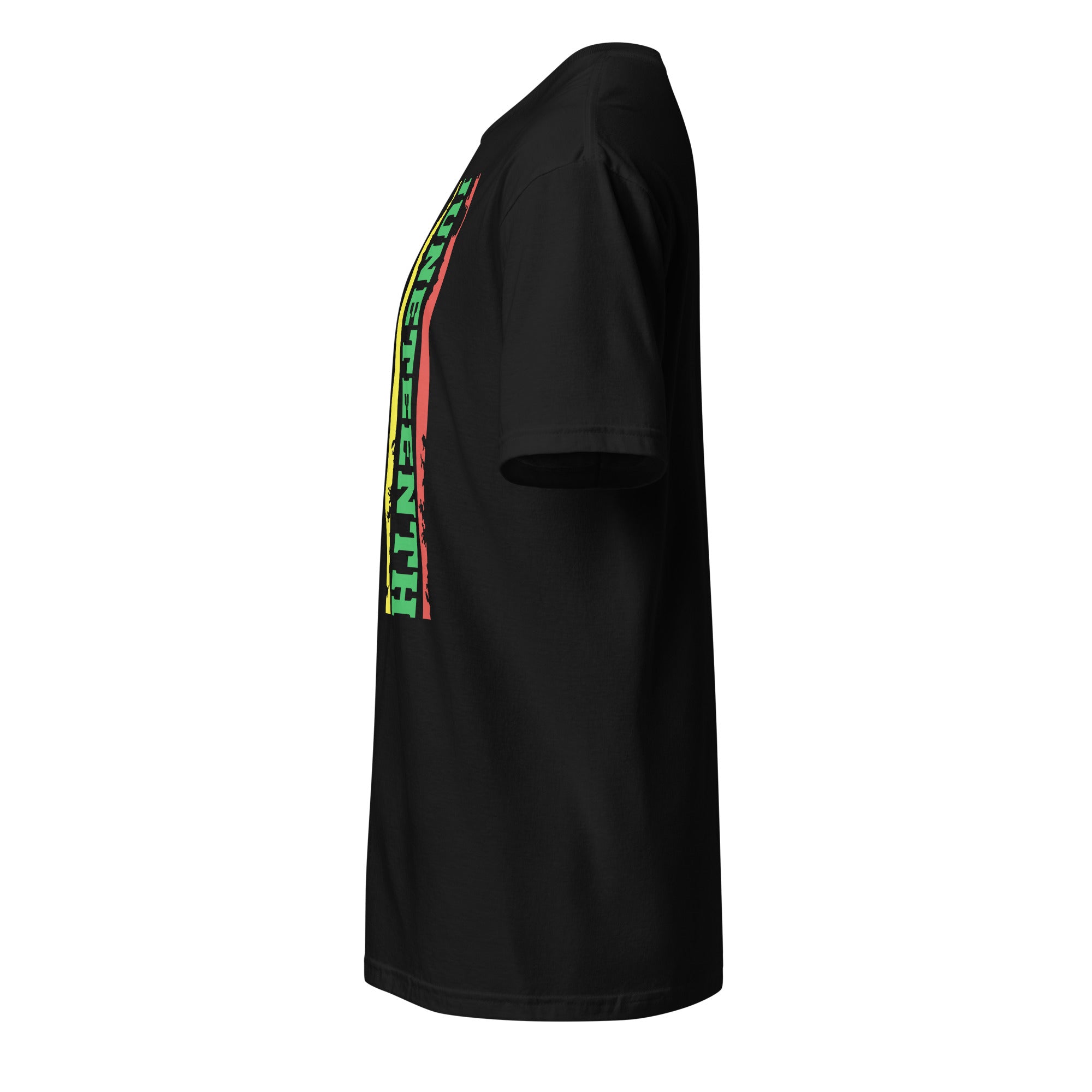 Black t-shirt left side against white background
