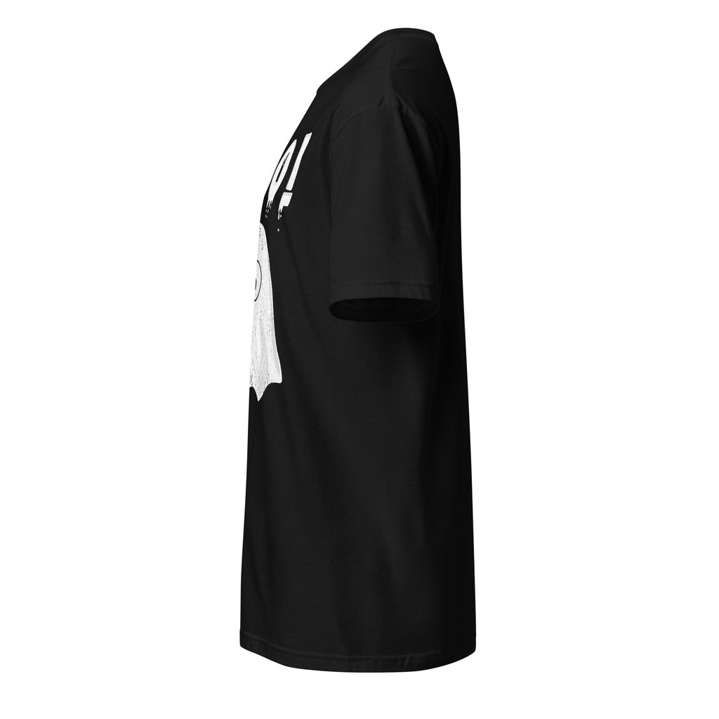 Left view of a black t-shirt against a white background