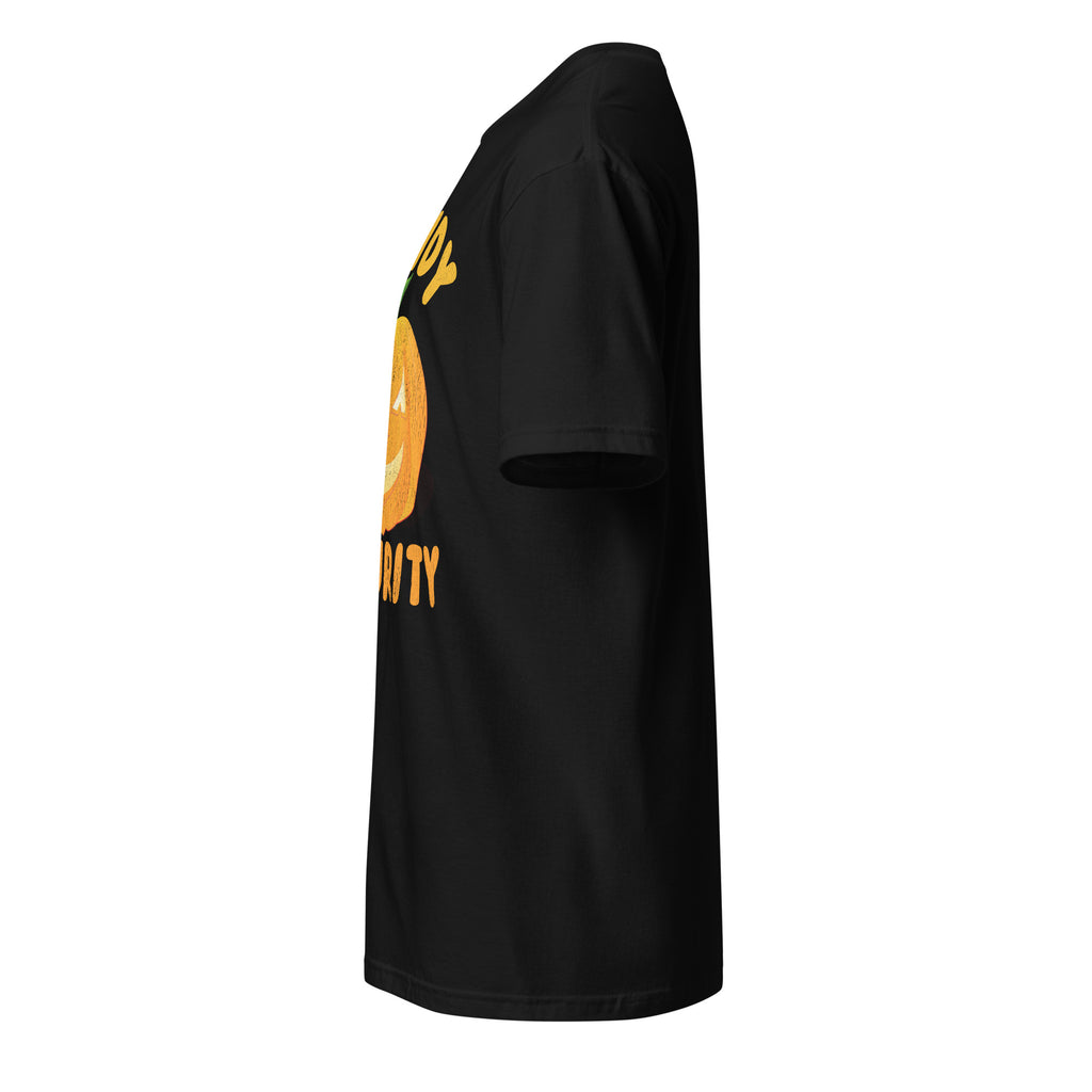 Left view of a black t-shirt on a white background