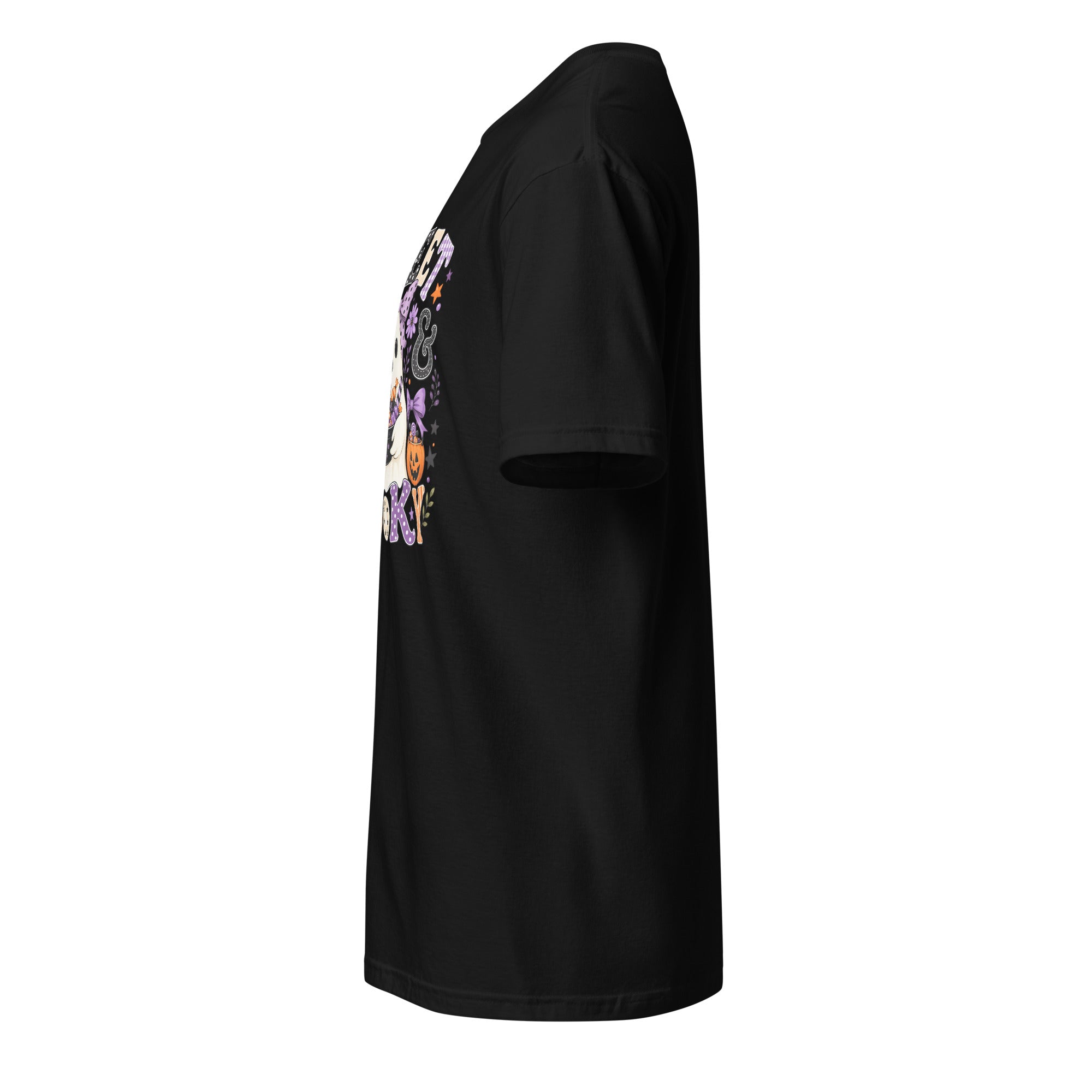 Left view of a black t-shirt against a white background