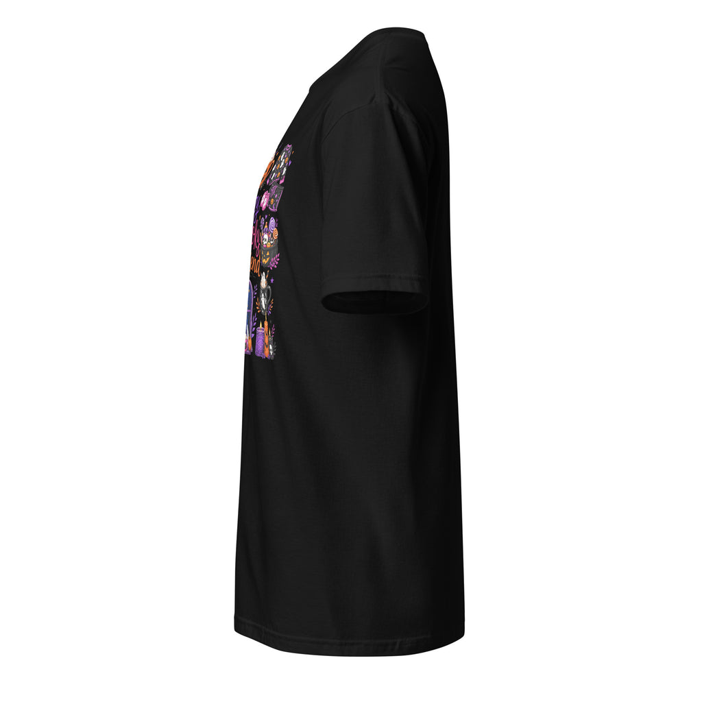 Left view of a black t-shirt against a white background