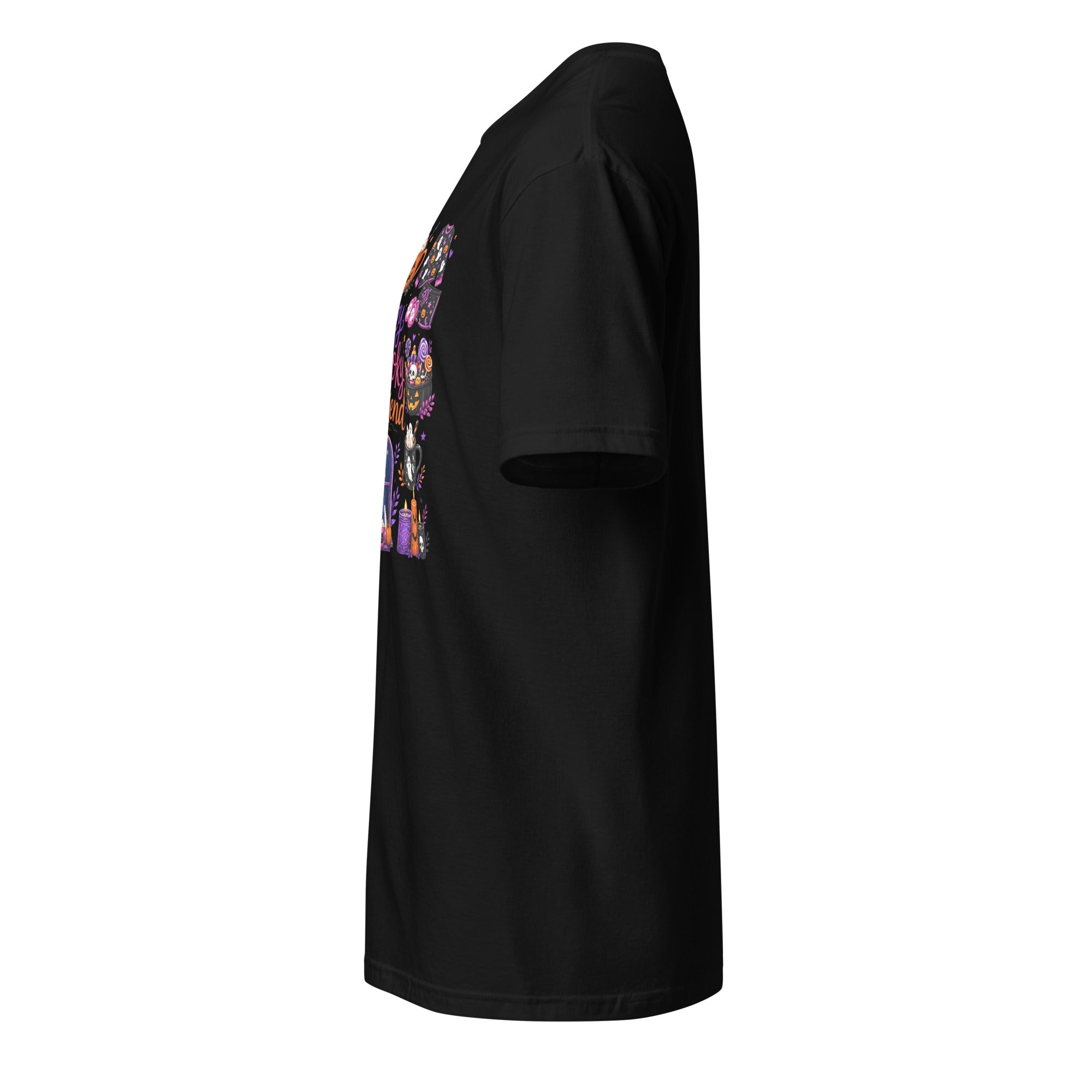 Left view of a black t-shirt against a white background
