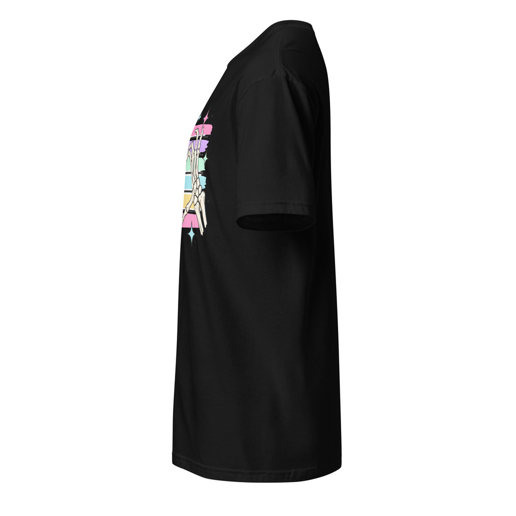 Left view of a black t-shirt against a white background