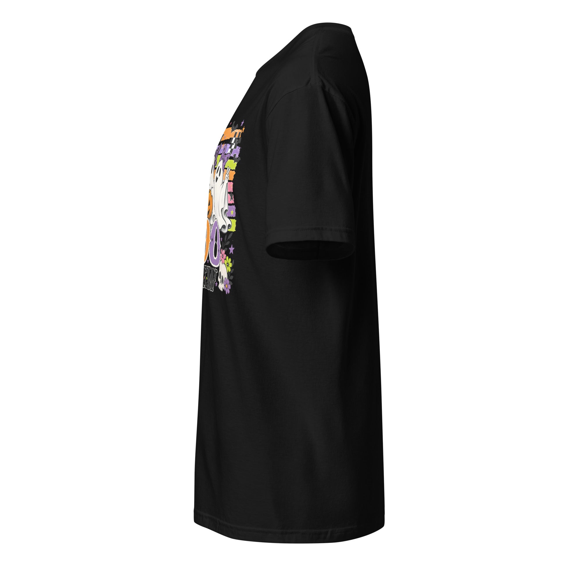 Left view of a black t-shirt against a white background