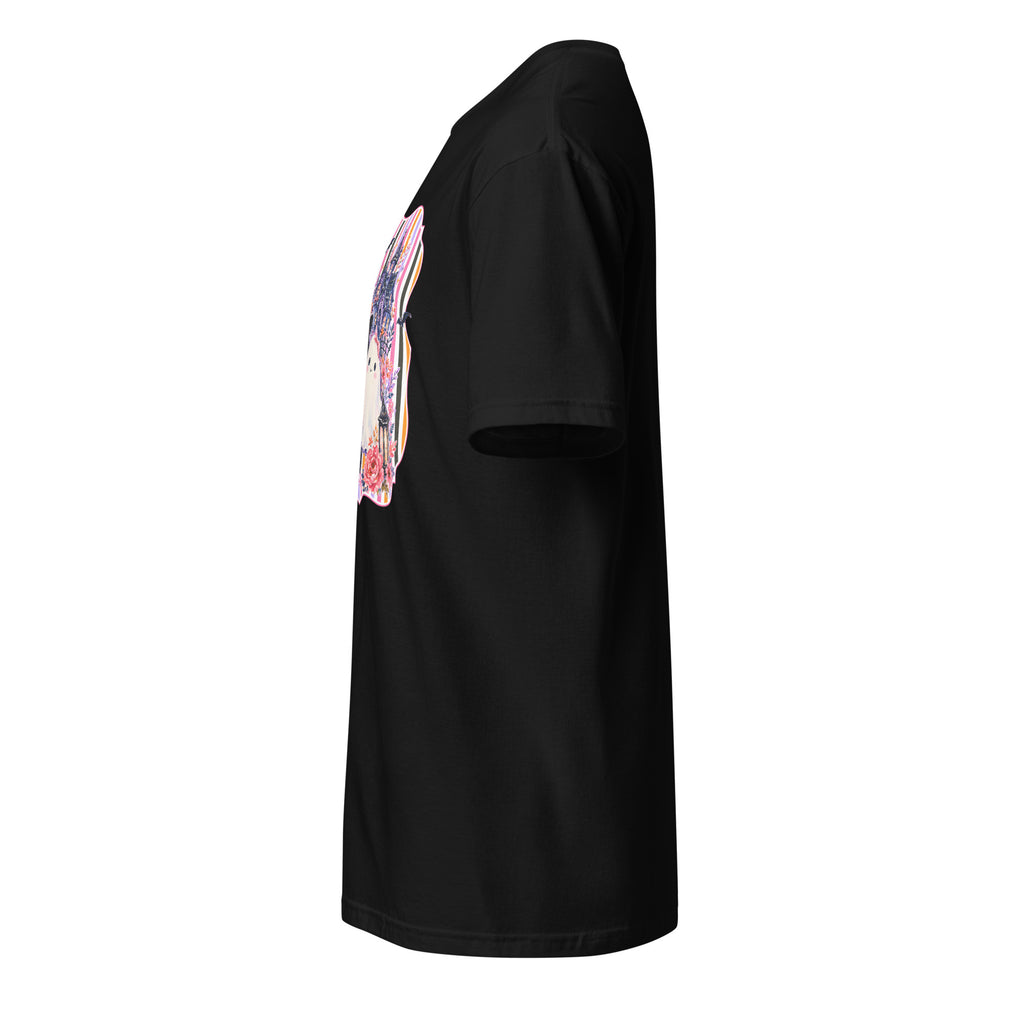 Left view of a black t-shirt against a white background
