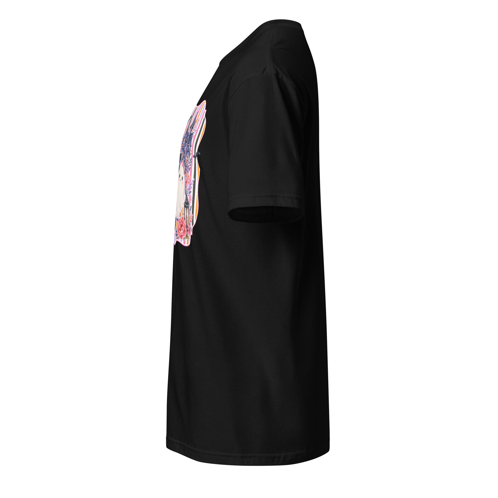 Left view of a black t-shirt against a white background