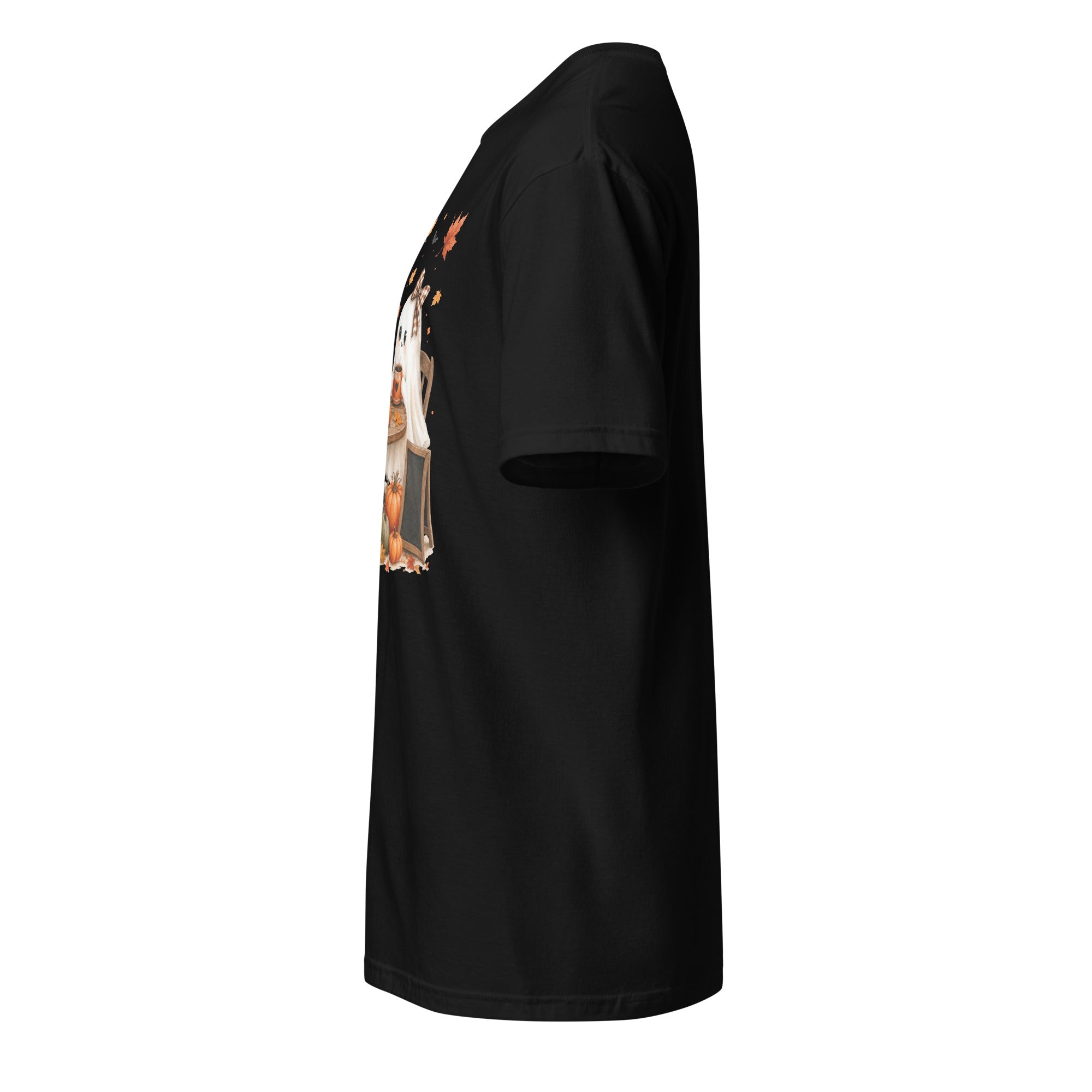 Left view of a black t-shirt against a white background