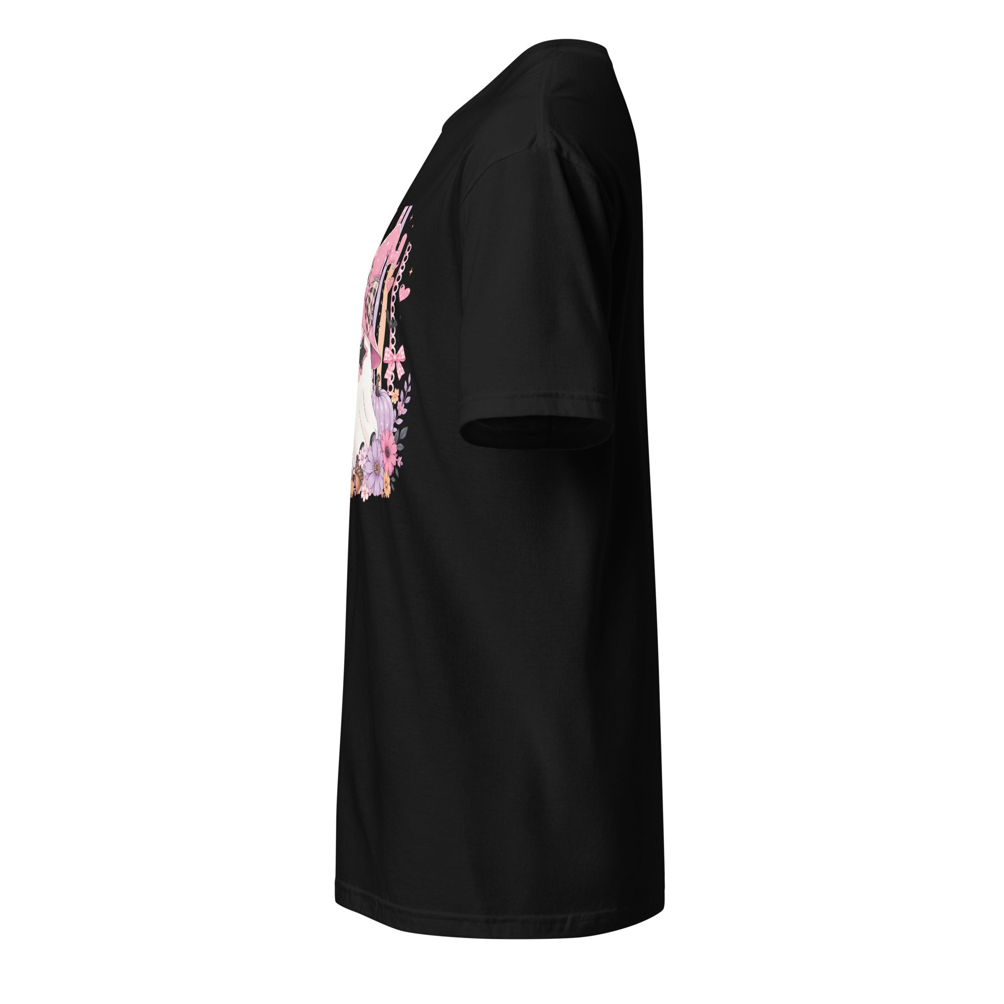 Left view of a black t-shirt against a white background