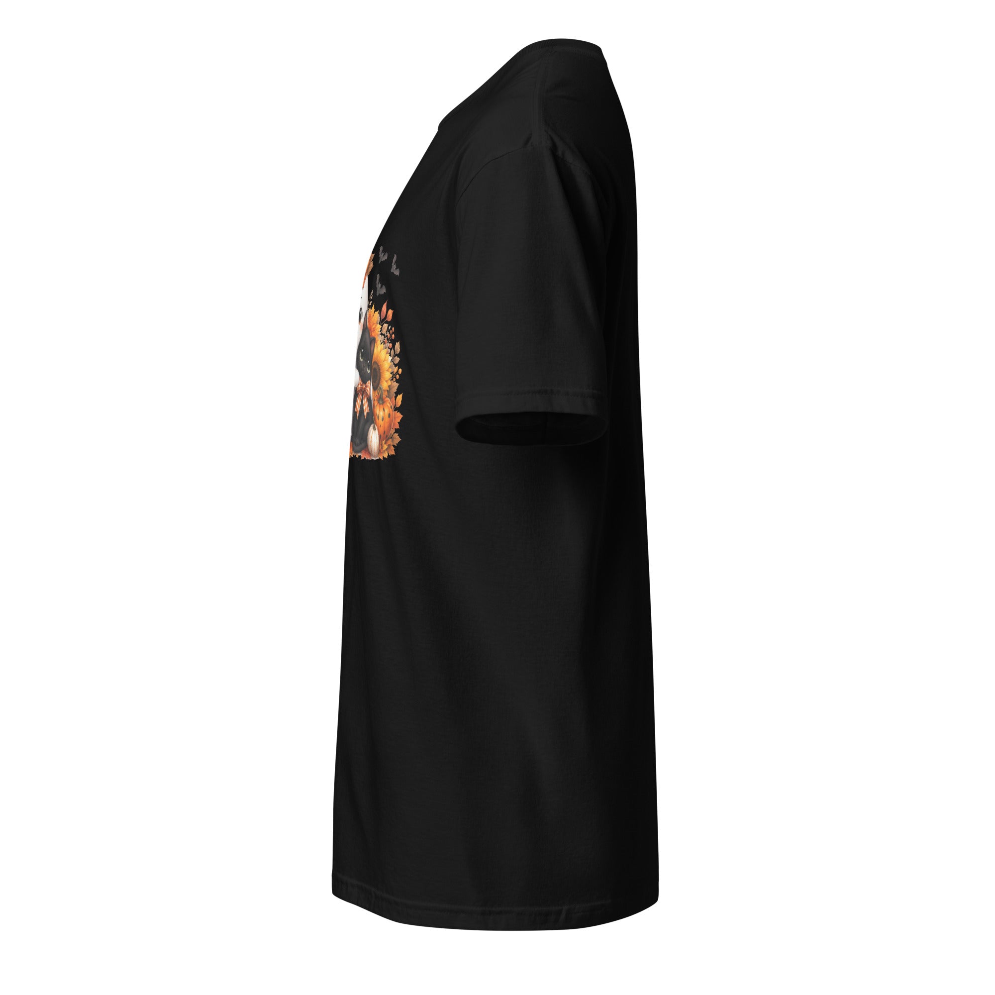 Left view of a black t-shirt against a white background