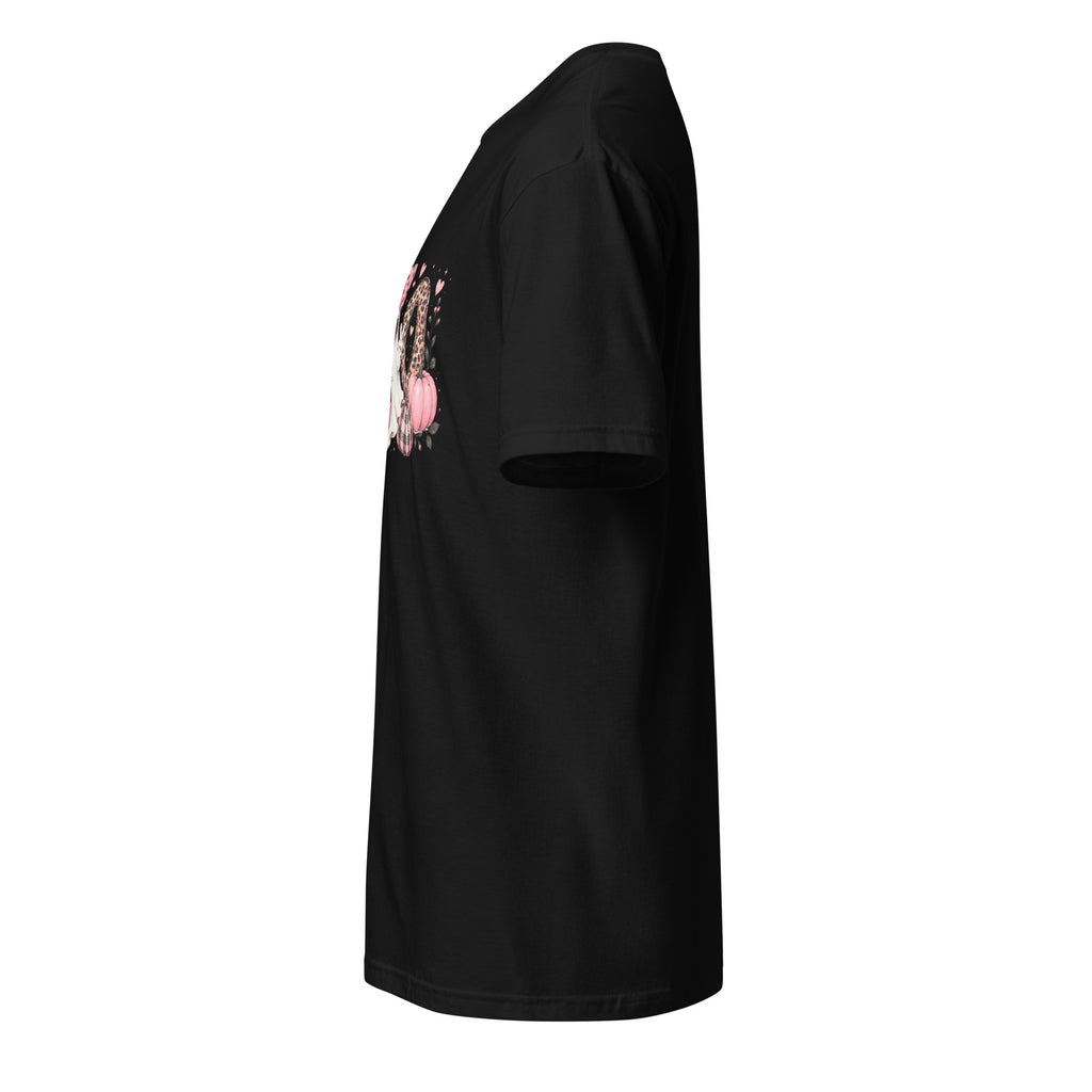 Left view of a black t-shirt against a white background