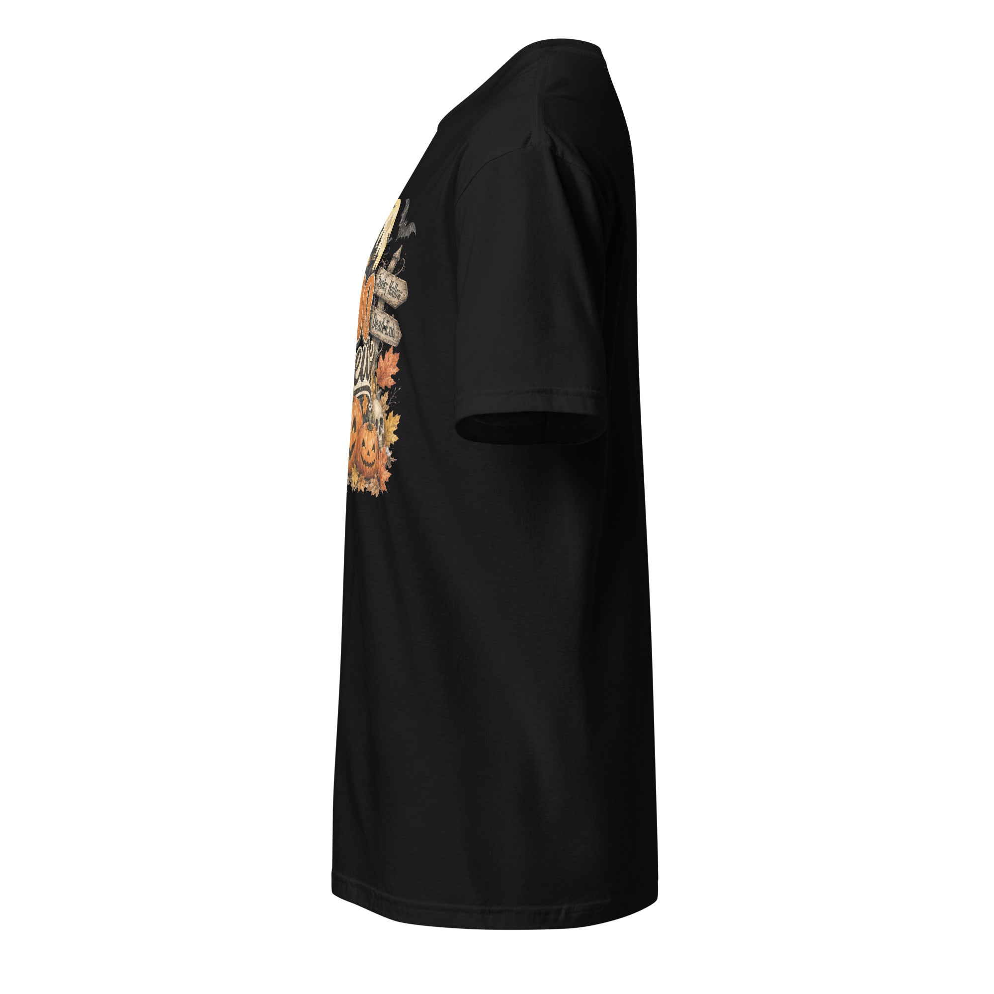 Left view of a black t-shirt against a white background