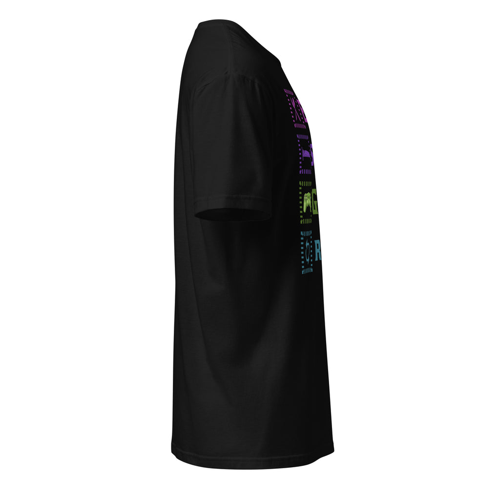 Right view of a black t-shirt on a white background